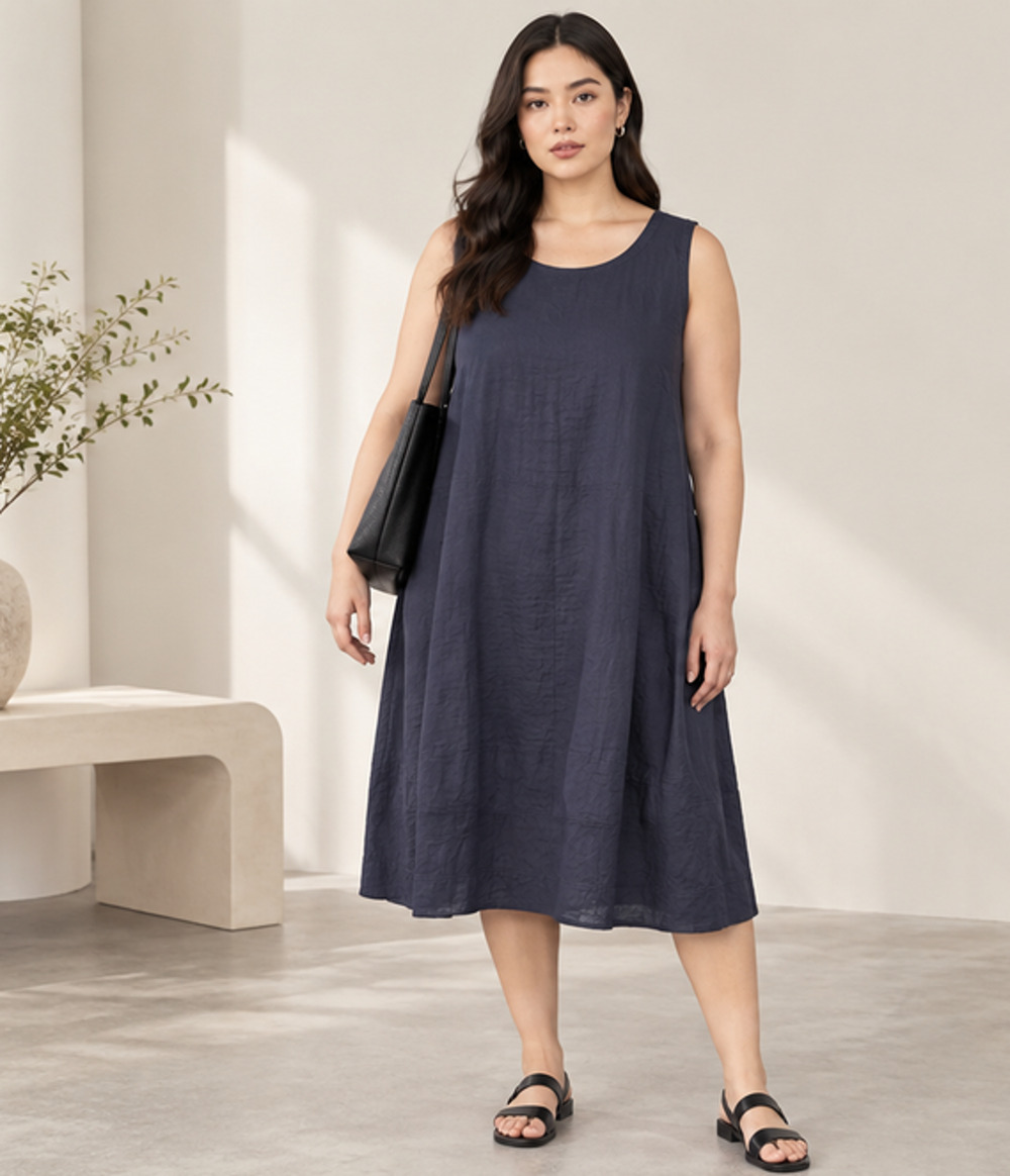 EILEEN FISHER Navy Sleeveless Linen Blend Tank Dress Midi Sz 1X A-Line Minimalis
